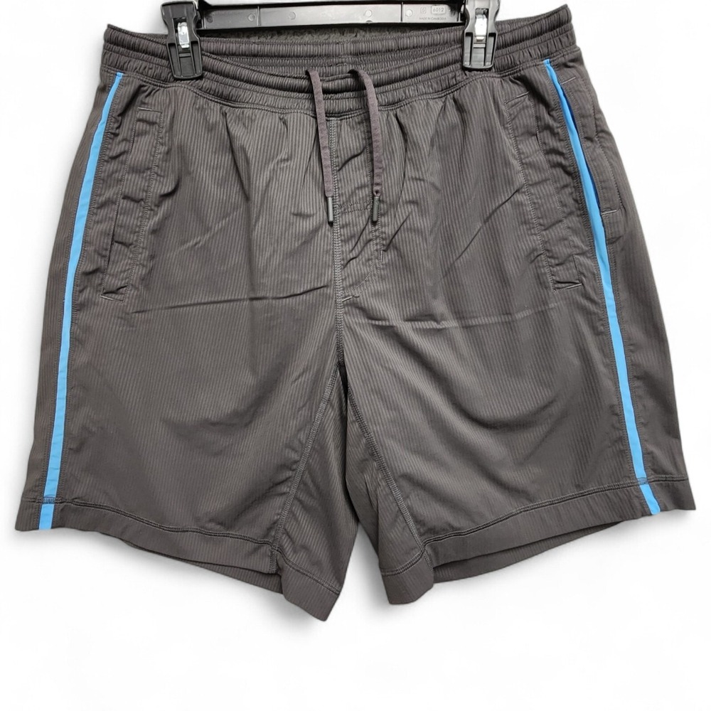 Lululemon Run Response Lined 8" Shorts Mens Large Grey‎ Blue Striped Drawstring